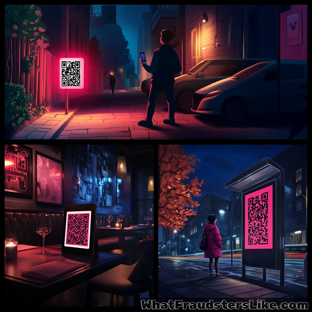 The image is a triptych showing three different night scenes where a glowing pink QR code is prominently displayed in various public settings: on a street sign, on a restaurant table tablet, and on a bus stop advertisement, with people interacting or passing by them.